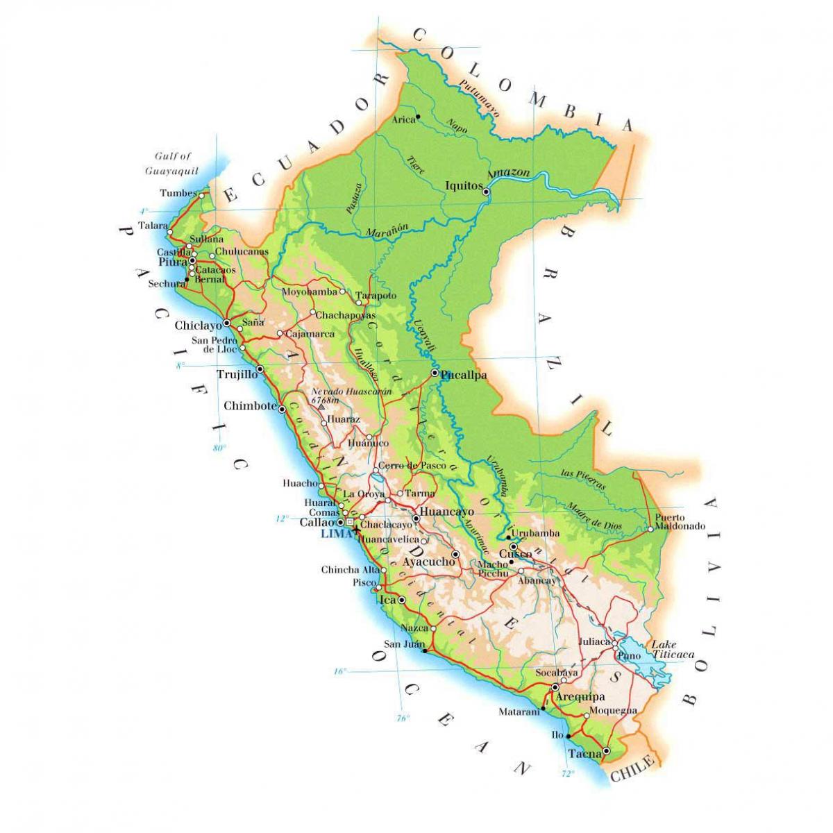 mapa fyzickú mapu Peru